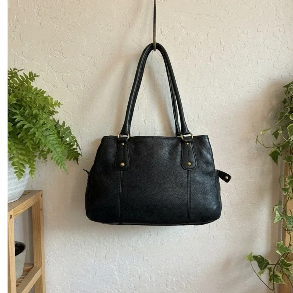 Y2K Fossil Black Pebbled Leather Triple Compartment Shoulder Bag Satchel Brass